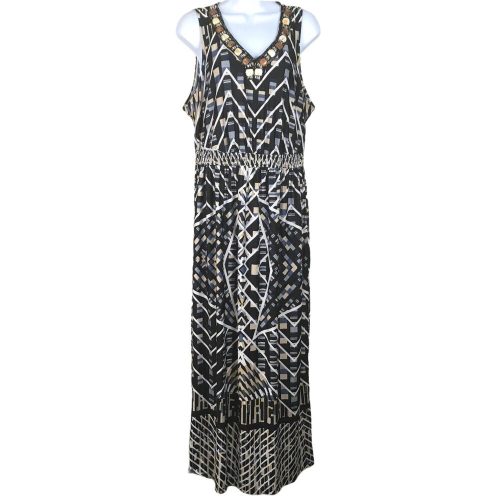 NY Collection‎ Maxi Dress Sleeveless Beaded V-Neck Geometric Mixed Print